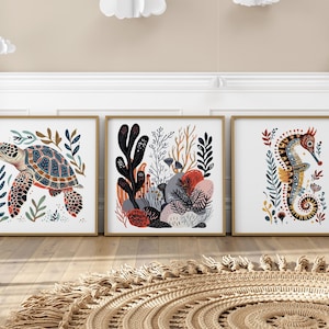 Norwegian Folk Art Floral Sealife Print Set of 3, Nordic Wall Art, Bedroom Living Room Home Cafe Decor - Scandinavian Art, Digital Download