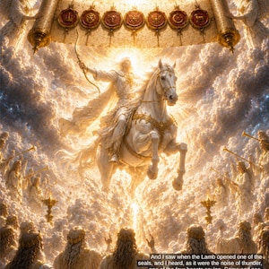 Può includere: Un'illustrazione digitale raffigurante una figura su un cavallo bianco che tiene un arco, circondata da angeli e nuvole. Sopra, una pergamena presenta sette sigilli circolari. Il testo recita: And I saw when the Lamb opened one of the seals, REVELATION 6:1-2 (KJV).