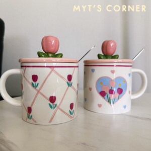 Tulip Flower Mug With Lid & Spoon- Cute Ceramic Mug Gift For Mother’s Day/Birthday/Valentine’s Day/Christmas/NewYear, etc