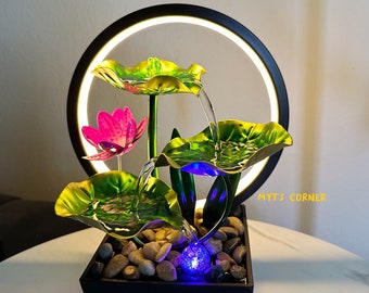 Lotus Leaf 3-Tier-USB Powered-Tabletop-Mini Waterfall Fountain with LED ring light & Natural River Stone- Relax and Decoration for cozy room