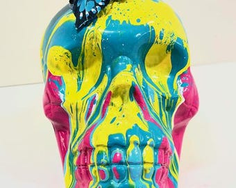 Blue Butterfly Pop Art Skull Sculpture: Spray Paint Pour Over Decor