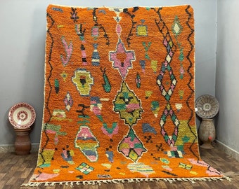 Handwoven Moroccan Oronge Rug, Berber Wool Bedroom Rug, Azilal Large Style 8x10