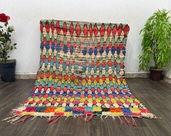 Handwoven Berber Boucherouite Rug: Colorful Moroccan Checker Rug