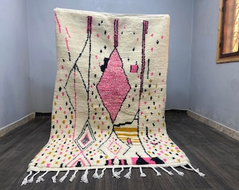 Artistic White Yarn Area Rug - Nature Art Custom Carpet 8x10 - Handmade Rug White And Pink, Living Room Decor Boho