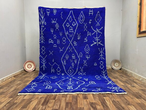 Natural Wool Moroccan Blue Rug 6x9. Abstract Design Boho, Perfect 