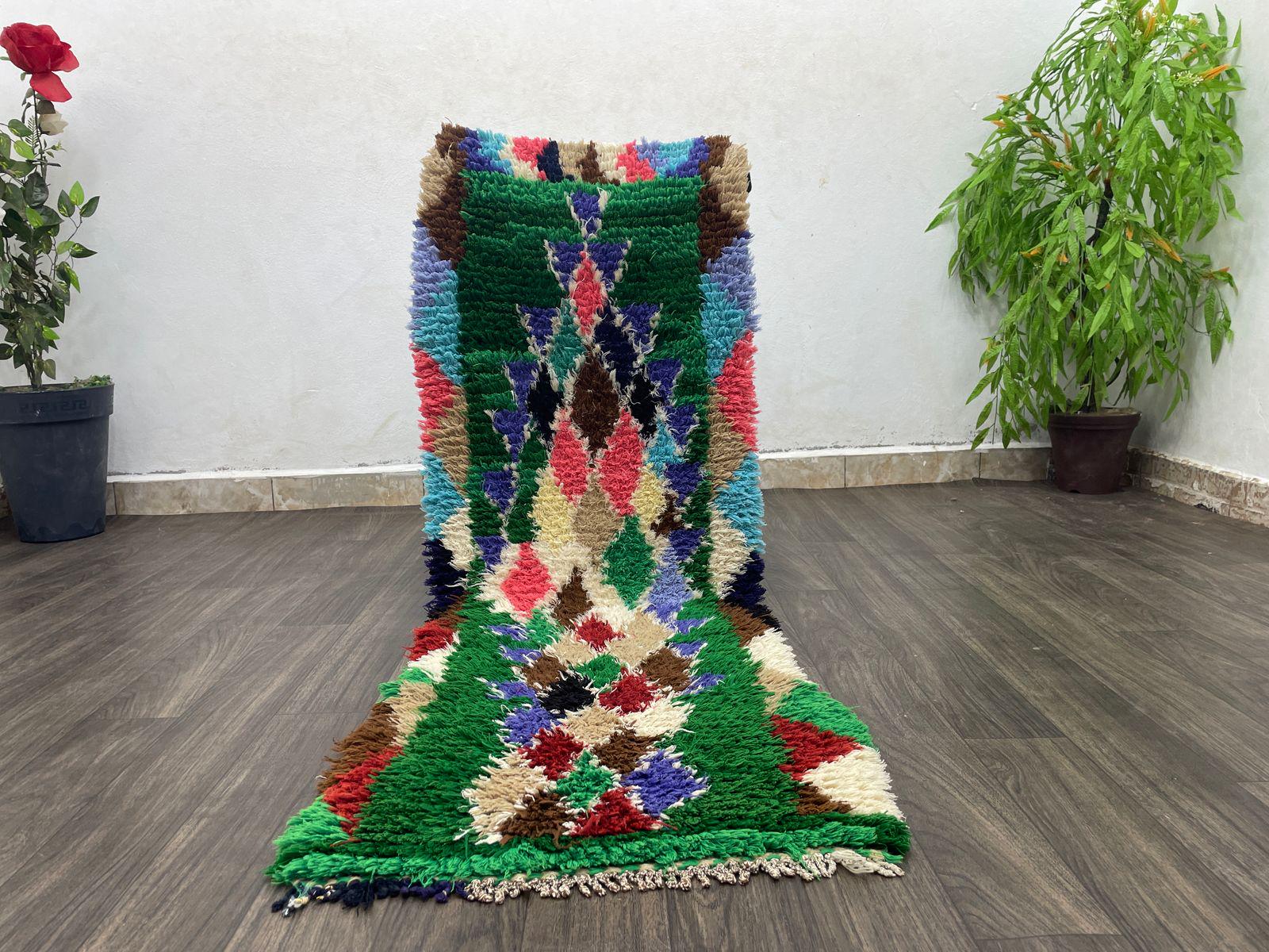 ハンドメイドグリーンモロッコラグ：ヴィンテージベルベルウール