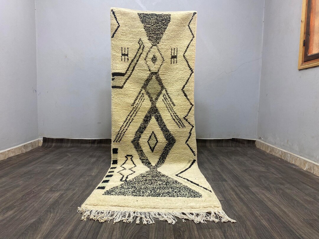 Moroccan Rug Runner Dark Green and White Kitchen Rug Runner Beni Ourain