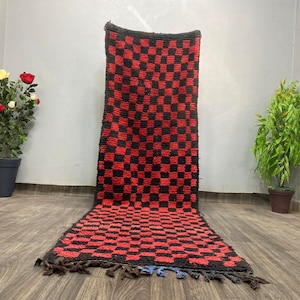 Luxury Home Decor - Moroccan Rug Red And Black Histtory - Checkevintage red boujaad runner - Wool Hooking Carpet - Rug For BedroomHooking