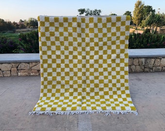 Rug For Baby Room - Moroccan Yellow Rug 5x7, Checkered Rug Gift, Handmade Custom Gift Mom