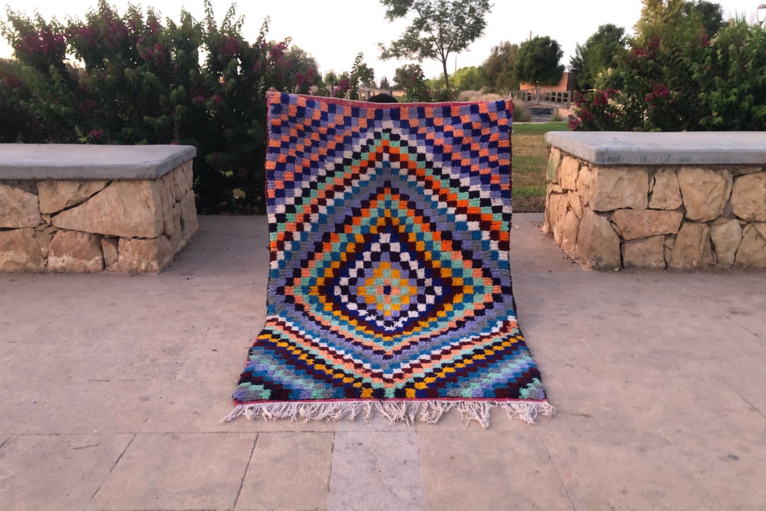 90s Checkared Rug Vintage Checkered Rug for Living Room , Floor Rug Bedroom Carpet Blue ...