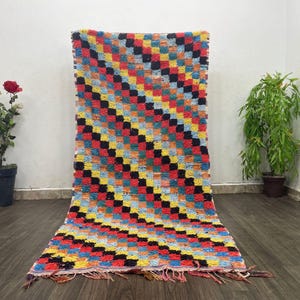 Alfombra de pasillo con cuadros coloridos de 4x9 - Alfombra marroquí vintage para pasillo