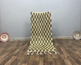 2x5 ft - Contemporary Moroccan Rug Vintage - Checkerboard Runner Rug - Beni Ourain Rug White- Handmade Furniture- Apartment Decor Minimalist
