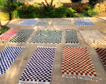 Genuine Beni Ourain Checkered Rug - Authentic Wool Moroccan Rug, Beni Ourain Checkerboard Rug, Custom Checkered Rug, white and Brown Rug