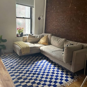 Blue Checkered Area Rug 9x12 - Custom Rug Blue - Washable Living Room Carpet, Modern Soft Floor Decor