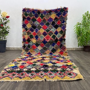 Handmade Checkered 4x8 Rug Living Room - Traditional Moroccan Area Rug - Accents Housewarming Gift, Apartment Coastal Decor Beach House