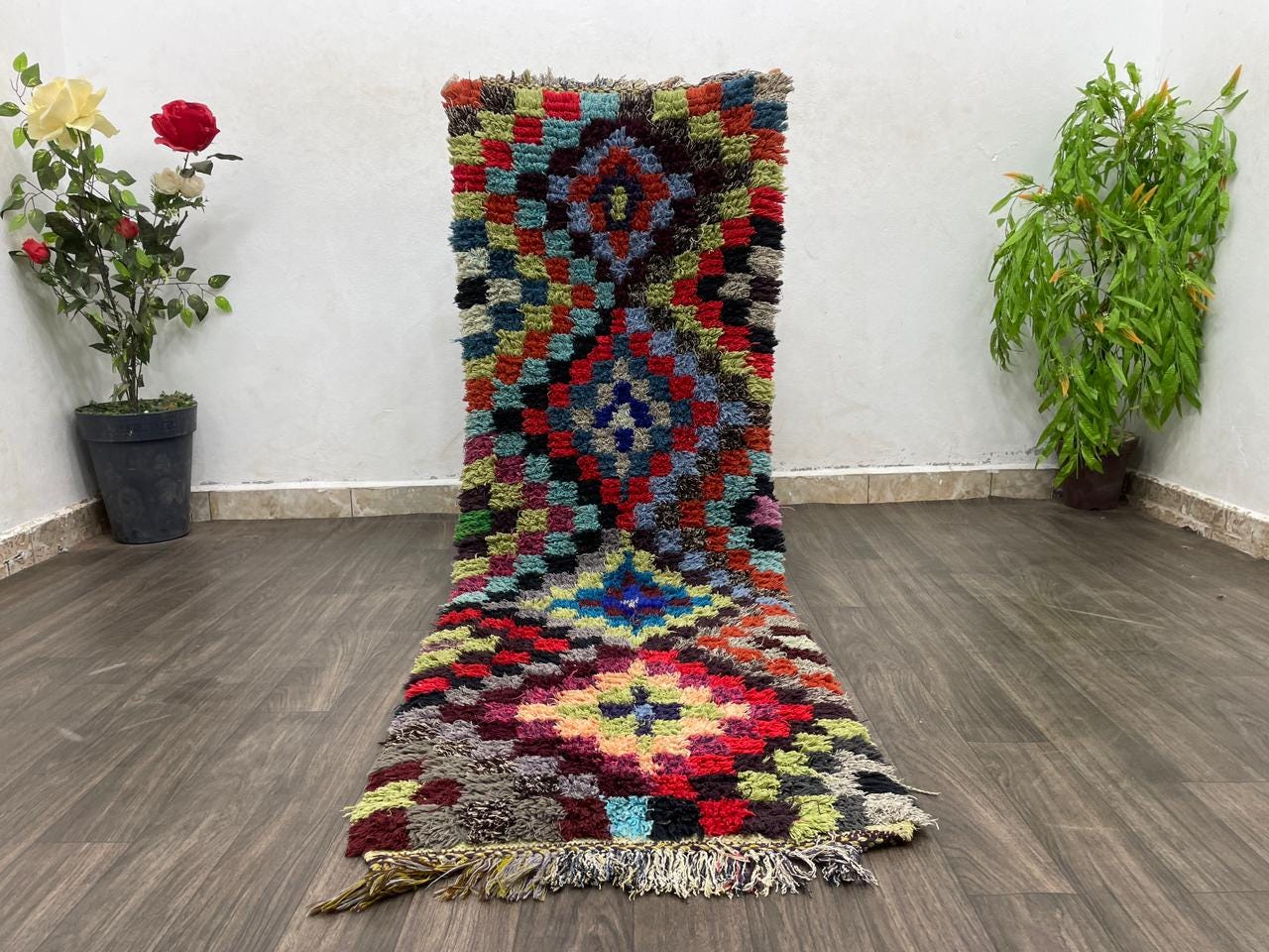 ヴィンテージチェック柄ランナーラグ 2x7インチ、モロッコ風ホーム