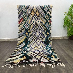 Berber Checkered Rug Runner Bathroom - 3x6 Feet Authentic Carpet Morocco , Genuine Wool Area Rug, Checker Rug For Living Room Vintage Decor