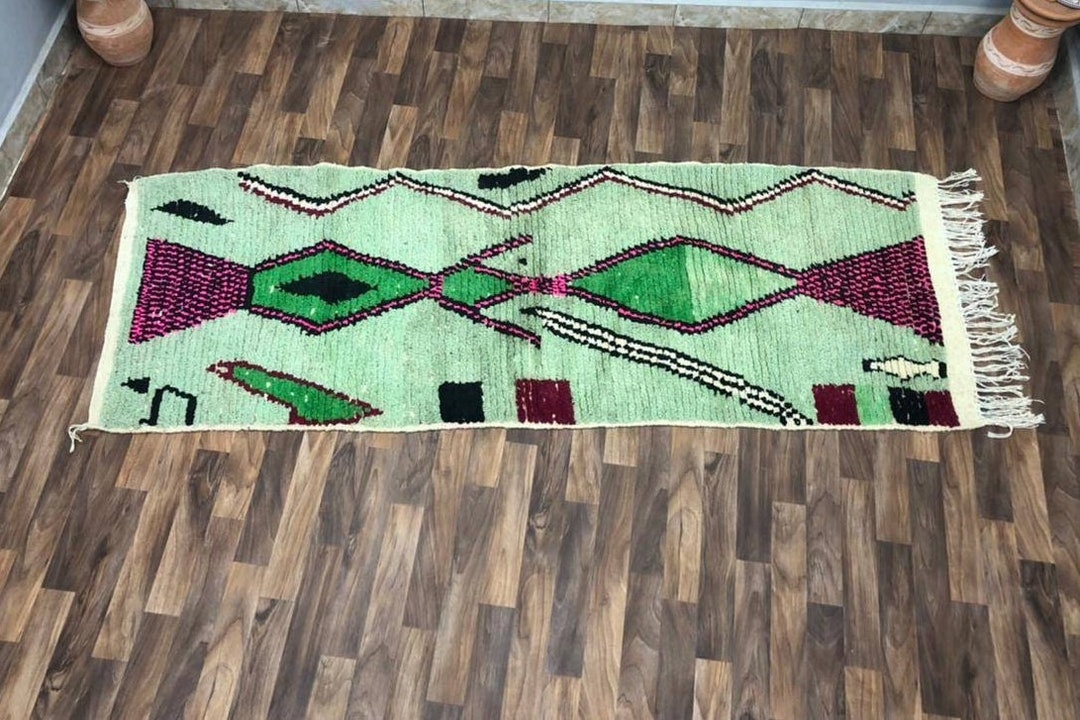 Wool Rug Runner Living Room Boho, Green Runner Rugs. Multicolor Runner Carpet, Beni Ourain Style