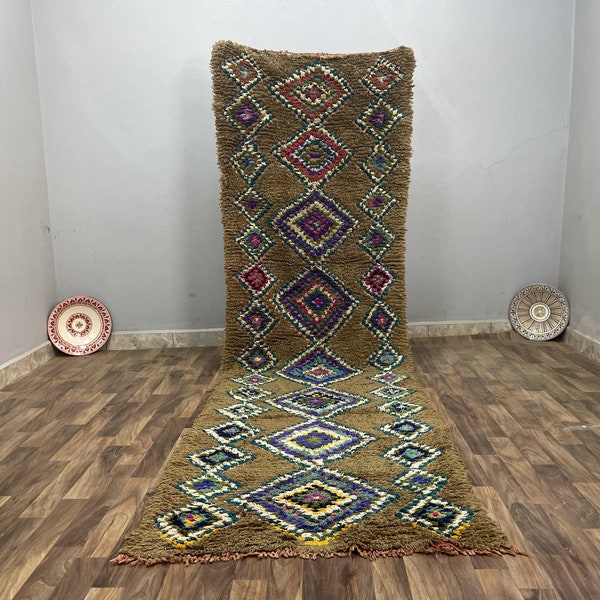 Moroccan Checkered 3x11 Rug Runner Vintage - Handmade Berber Carpet Bohemian Boho Decor - Primitive Furniture