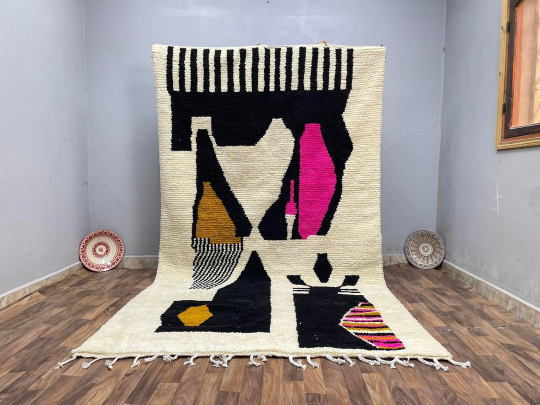 Black and White Boho Rug, Bohemian Rug for Living Room, Black Wedding Rug, Beni Ourain Rug White