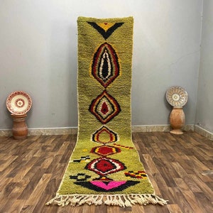 Gorgeous Green Runner Rug 2x12 Decor Wool, Authentic Moroccan Berber Rug Colorful