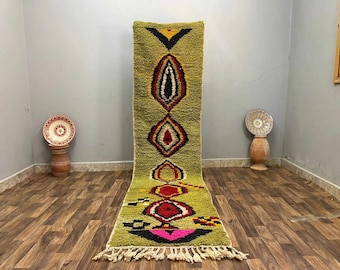 Gorgeous Green Runner Rug 2x12 Decor Wool, Authentic Moroccan Berber Rug Colorful