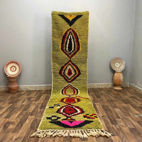 Gorgeous Green Runner Rug 2x12 Decor Wool, Authentic Moroccan Berber Rug Colorful, Boujaad Carpet - Custom Moroccar Rug