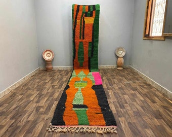 Beni Ourain Solid Runner Custom, Runner Gag Gift, Berber Moroccan Runner Rug, Green And Orange Carpet, Home Decor Bathroom Rug