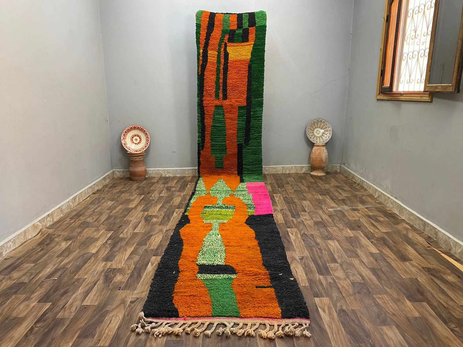 Beni Ourain Solid Runner Custom, Runner Gag Gift, Berber Moroccan Runner Rug, Green And Orange Carpet, Home Decor Bathroom Rug