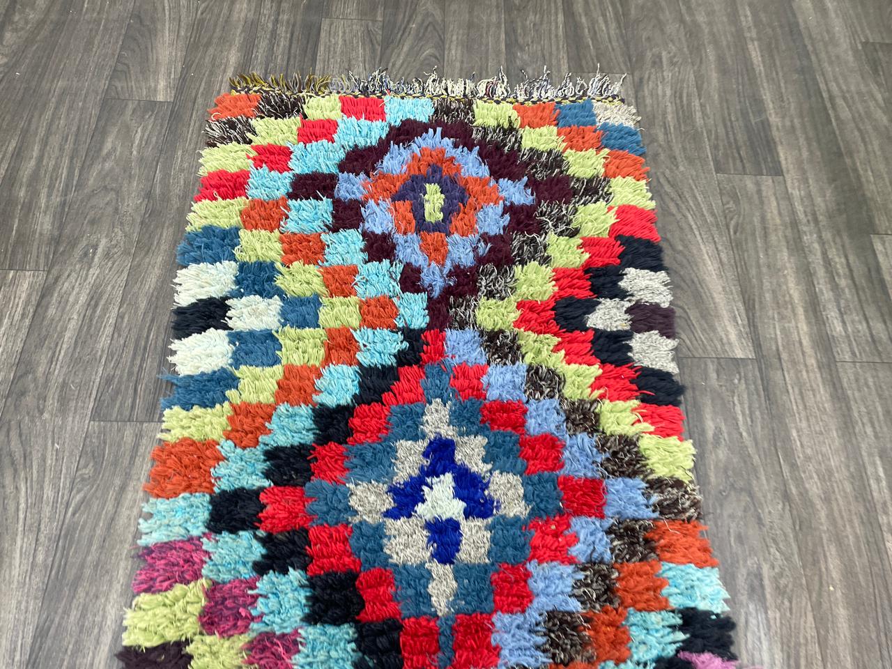 ヴィンテージチェック柄ランナーラグ 2x7インチ、モロッコ風ホーム