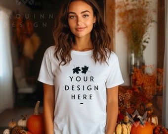 Bella + Canvas 3001 TShirt Mockup | Bella Canvas Shirt | White T-shirt Mockup | Bella Canvas Size Chart | Fall Autumn Mockup | Model Mockup