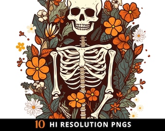 Wildflower Watercolor Skull and Skeletons PNGs | Hi Quality Fall Halloween PNG | TShirt Designs and Printable Sublimation Designs | Flowers