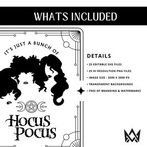 May include: Black and white digital art featuring the silhouettes of three women with the text "It's Just a Bunch of Hocus Pocus." The image includes details about the files, such as SVG and PNG files, and image size.