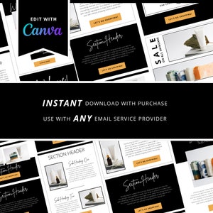 May include: A digital marketing template with a black background and white text. The template includes sections for skincare products, with text that reads "Instant Download With Purchase" and "Edit With Canva."
