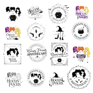 This is 20 thumbnail size designs for the Hocus Pocus Halloween themed printable PNG andSVG design bundle.