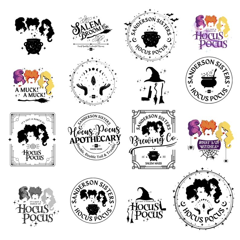 This is 20 thumbnail size designs for the Hocus Pocus Halloween themed printable PNG andSVG design bundle.