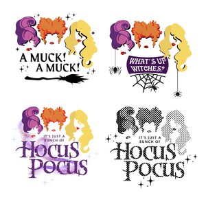This is 4 thumbnail size designs for the Hocus Pocus Halloween themed printable PNG andSVG design bundle showing on a light white back ground as an example of how these will look on a printed color shirt or sweatshirt.