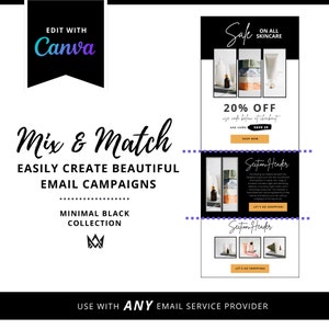 May include: A promotional graphic for email campaigns, featuring the Canva logo and text: "Mix & Match, Easily Create Beautiful Email Campaigns." The design includes skincare product images and a "20% OFF" sale banner. The text "Use with ANY email service provider" is also present.