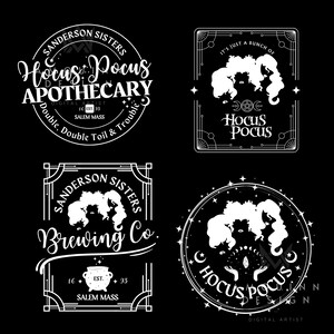 This is 4 thumbnail size designs for the Hocus Pocus Halloween themed printable PNG andSVG design bundle showing on a light black back ground as an example of how these will look on a printed color shirt or sweatshirt.