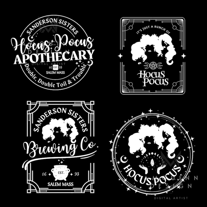 This is 4 thumbnail size designs for the Hocus Pocus Halloween themed printable PNG andSVG design bundle showing on a light black back ground as an example of how these will look on a printed color shirt or sweatshirt.