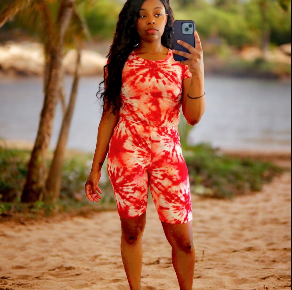 Crimson Splash Two-Piece Set, tie-dye outfit, Biker Short, and crop top set, Tie Dye Sets