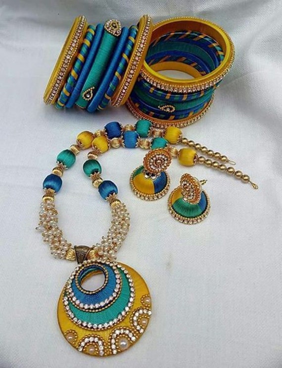 Yellow and blue silk thread jewellery set