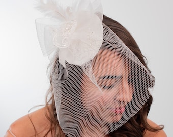 Voile de cage à oiseaux de mariée avec perles de perles, voile de tulle bandeau ivoire et champagne, casque de mariage avec perles, voile de tulle de mariée élégant