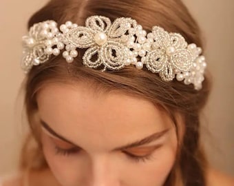Silver Crystal Floral Bridal Hair Wedding Accessory, Flower Bridal Crystal Headbands, Wedding Pearls Flowers Headpieces, Pearl Bride Crowns