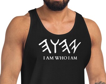 May include: Black tank top with white text that reads "I AM WHO I AM" and a symbol above the text.