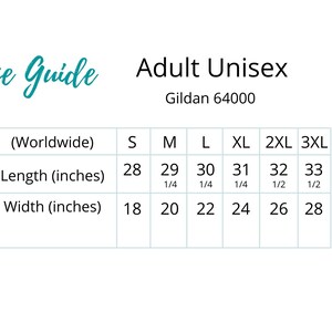 May include: Size guide for Gildan 64000 adult unisex t-shirts. The chart shows sizes S through 3XL with corresponding length and width measurements in inches.