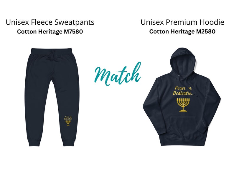 May include: A matching set of navy blue fleece sweatpants and a hoodie. The sweatpants have a gold menorah and the text "Feast of Dedication" on the left leg. The hoodie has a gold menorah and the text "Feast of Dedication" on the front.