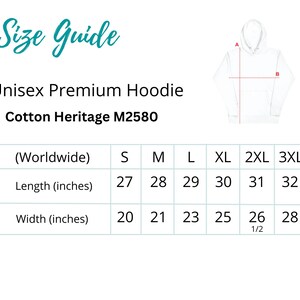 May include: Size chart for a unisex hoodie, showing measurements in inches for length and width. The chart includes sizes S, M, L, XL, 2XL, and 3XL.