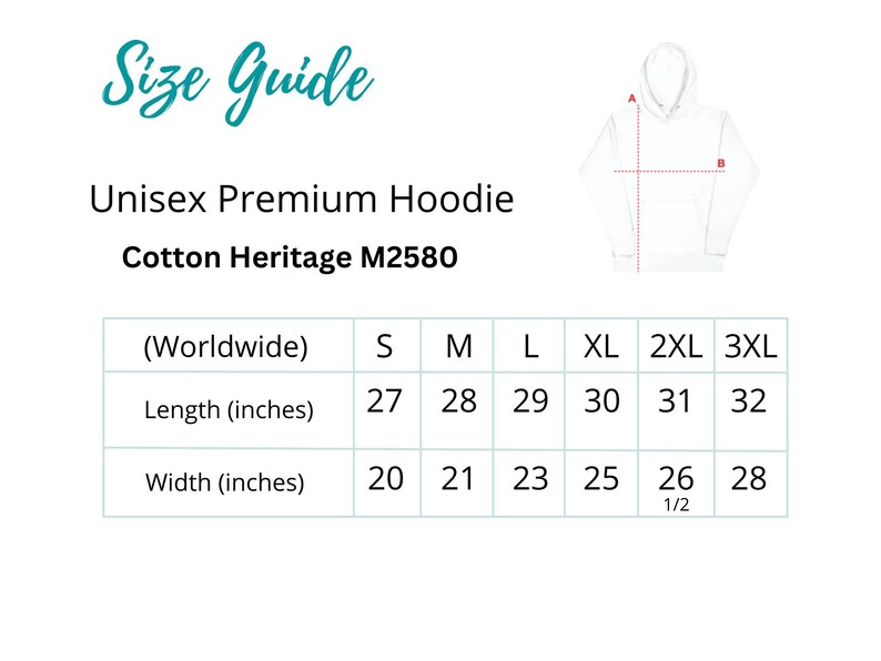 May include: Size chart for a unisex hoodie, showing measurements in inches for length and width. The chart includes sizes S, M, L, XL, 2XL, and 3XL.