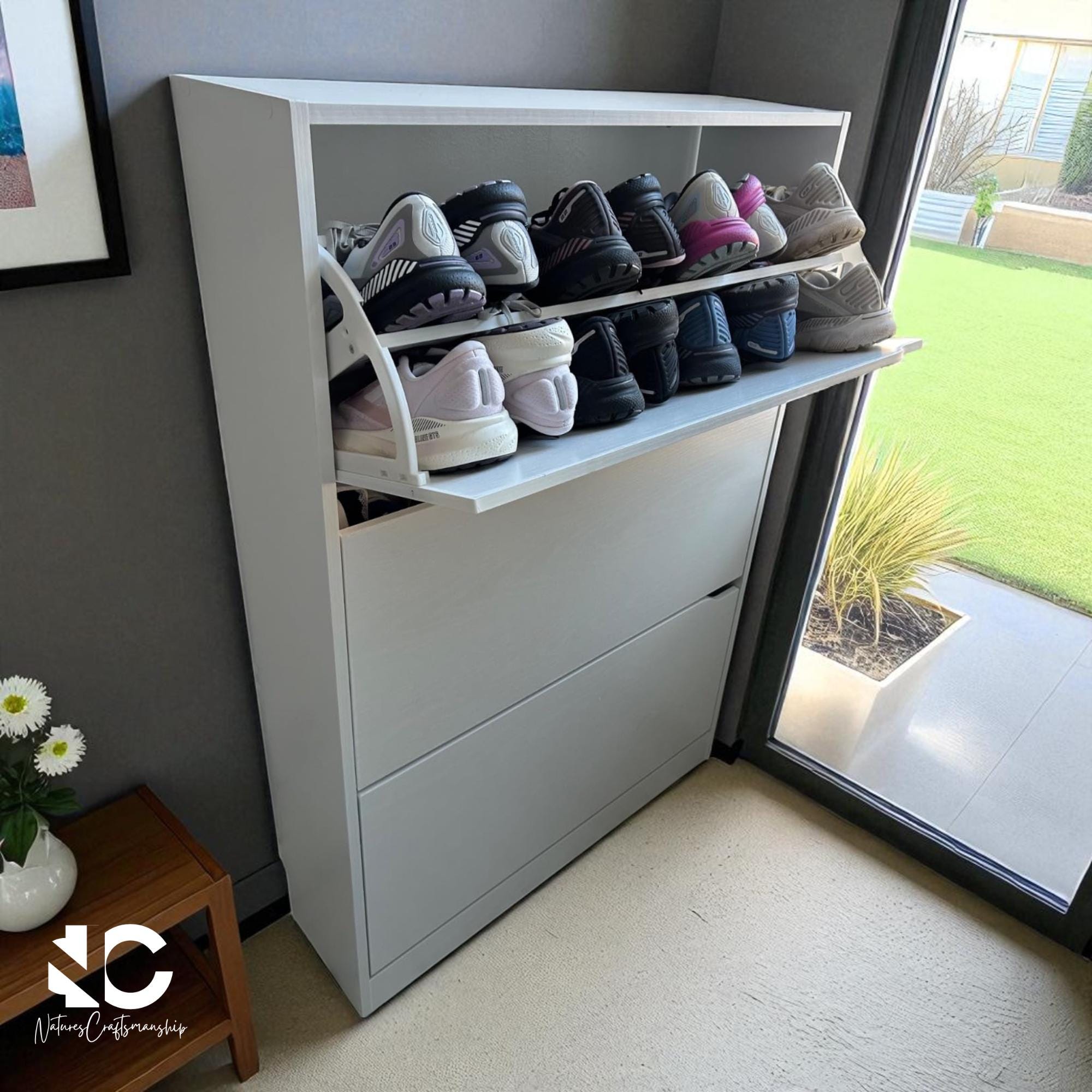 Wood Shoe Cabinet with 3 Flip Drawers | Freestanding Entryway Shoe Storage Rack | Modern Hallway Shoe Organizer Cabinet | Wooden Shoe Rack